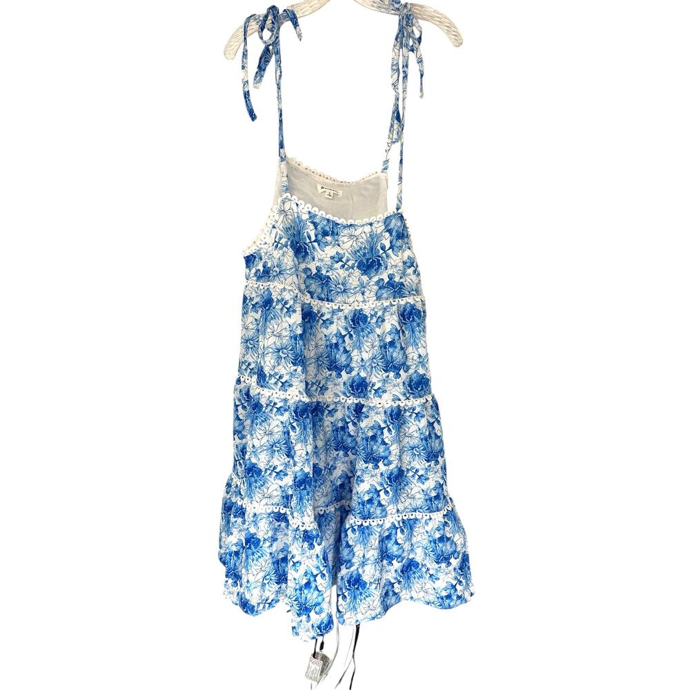 &merci Blue White Floral Whimsical Dainty Tiered Ruffle Lace Dress Large